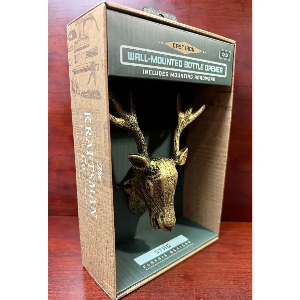 NIB The Kraftsmen Co. Cast Iron Bottle Opener Stag Wall Mounted w/ Hardware